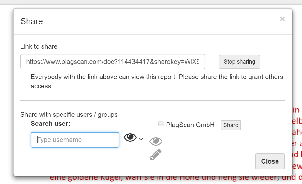 Screenshot of sharing the report