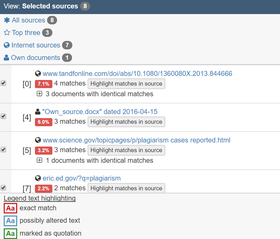 Screenshot of resultlist of PlagScan reports
